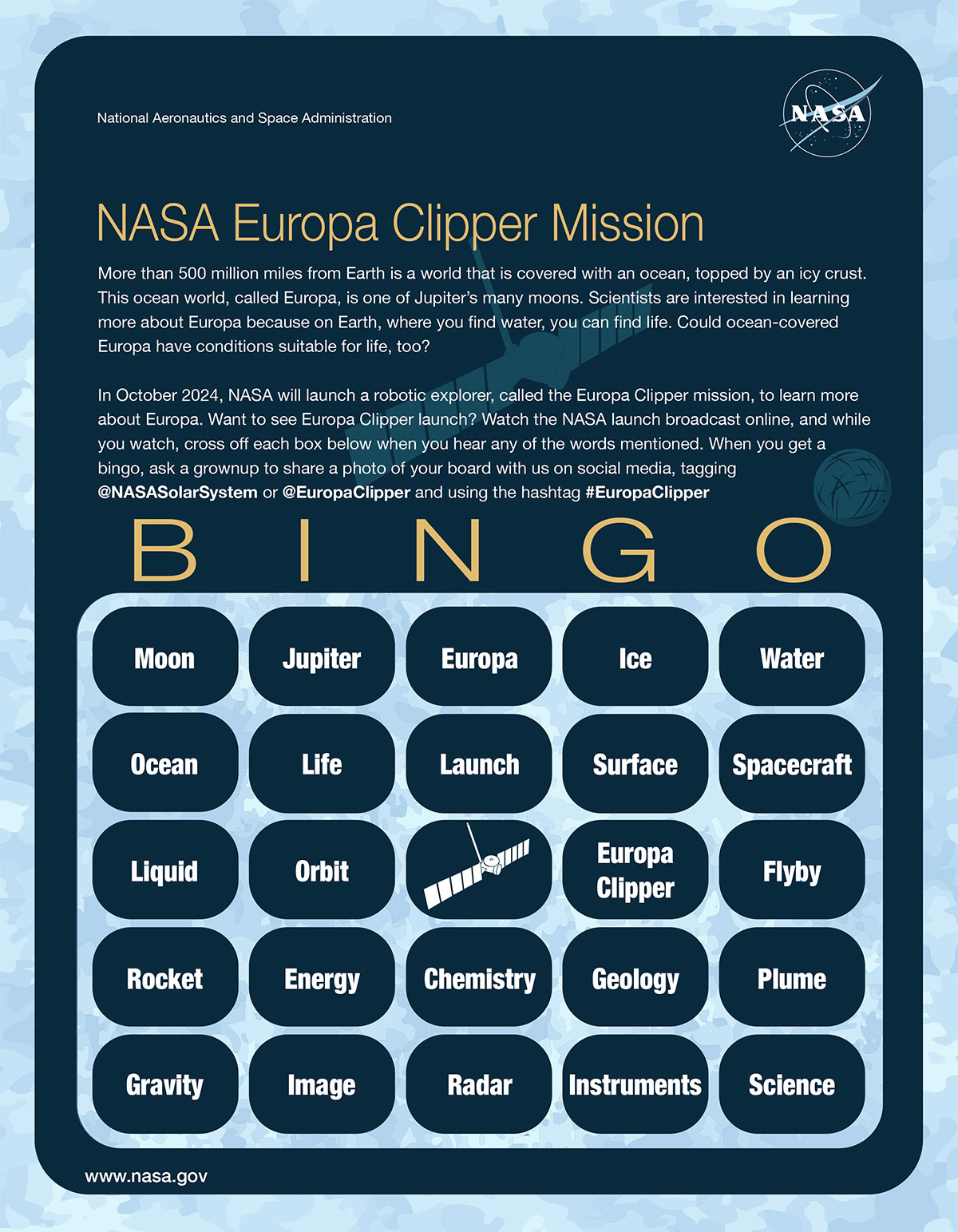 Image of Europa Clipper BINGO card.