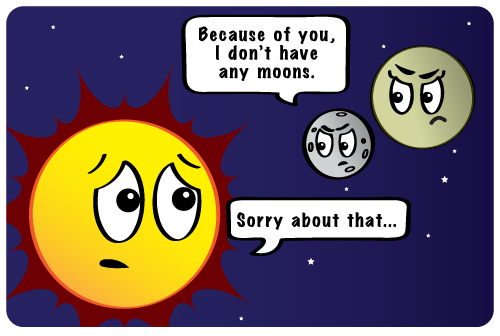 Mercury and Venus do not have any moons. Cartoon of Mercury telling the sun it's the sun's fault. Because of you, I don't have any moons. Sorry about that.