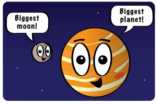 Jupiter is the biggest planet and has the biggest moon, Ganymede. Cartoon illustration.