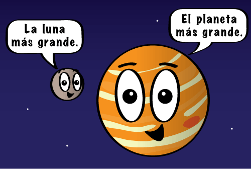 Júpiter es el planeta más grande y tiene la luna más grande, Ganímedes. Ilustración de dibujos animados.