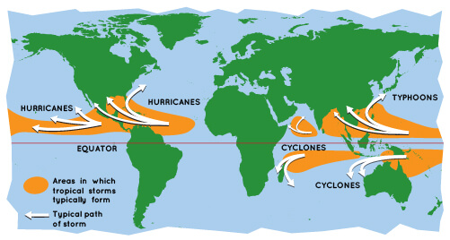 World map showing area where cyclones occur.