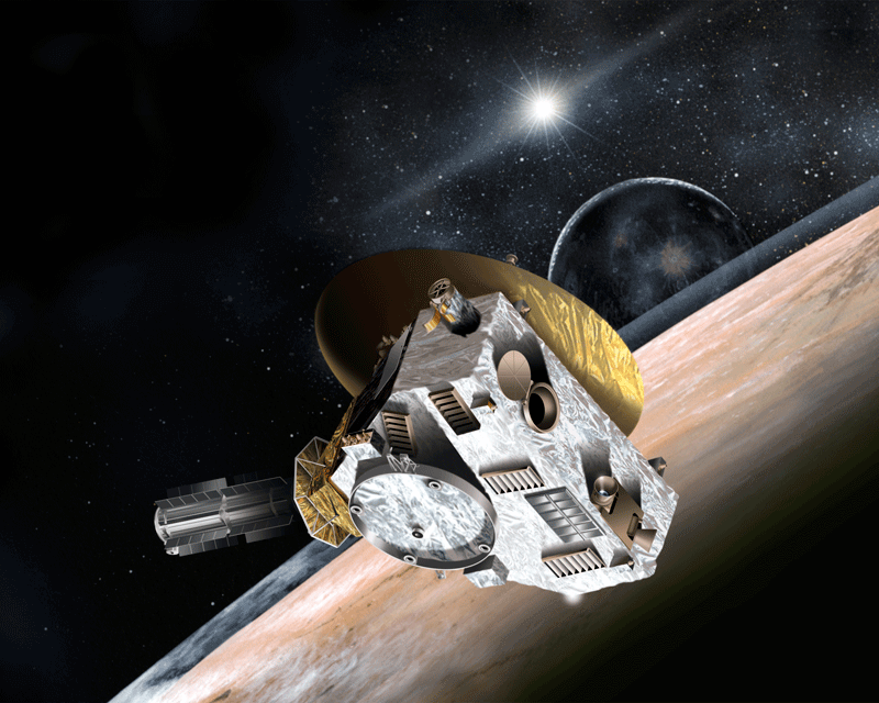 Idea del artista de la nave espacial New Horizons en el sistema Plutón-Caronte.