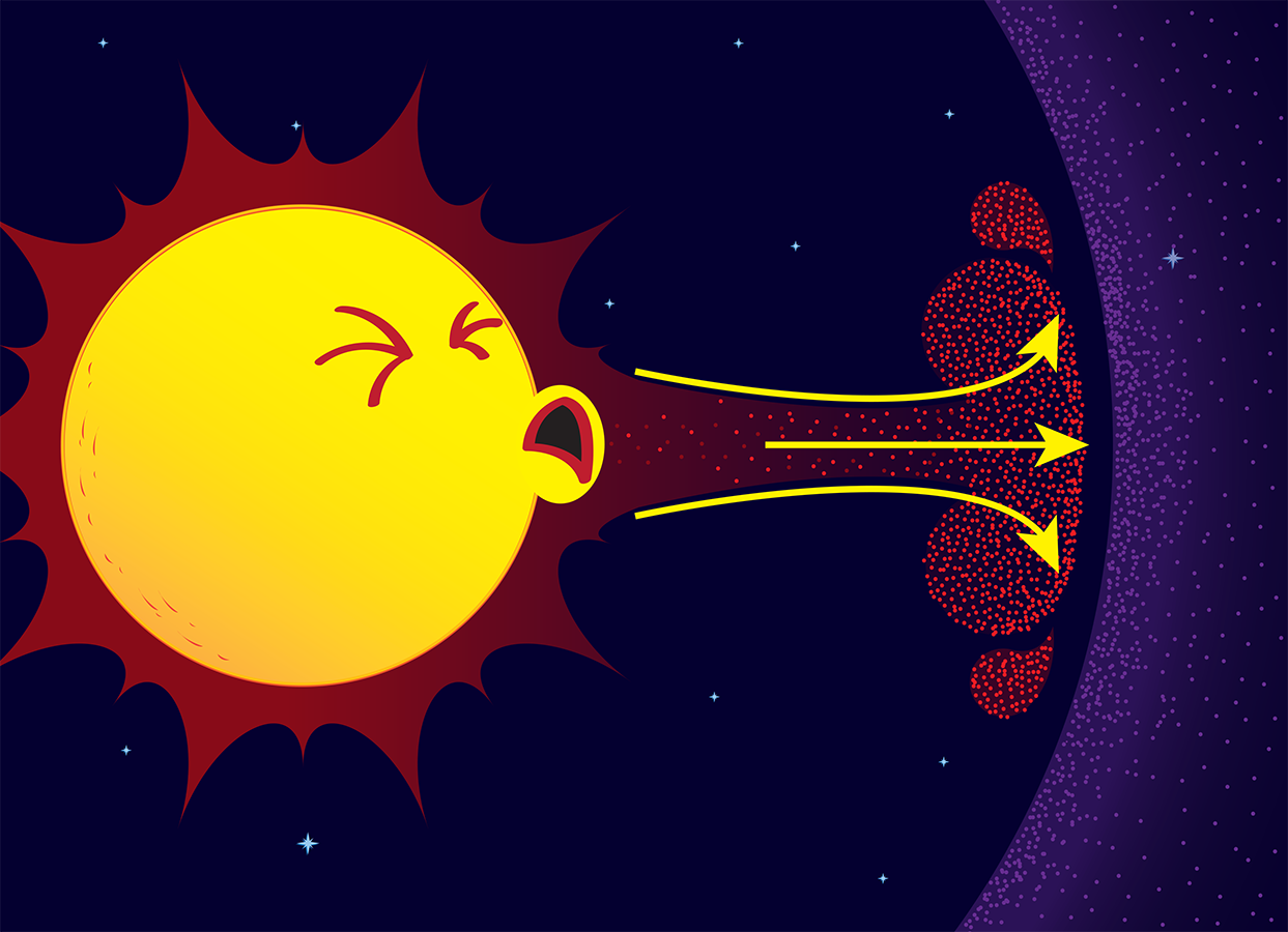 Cartoon of the Sun blowing particles into space.