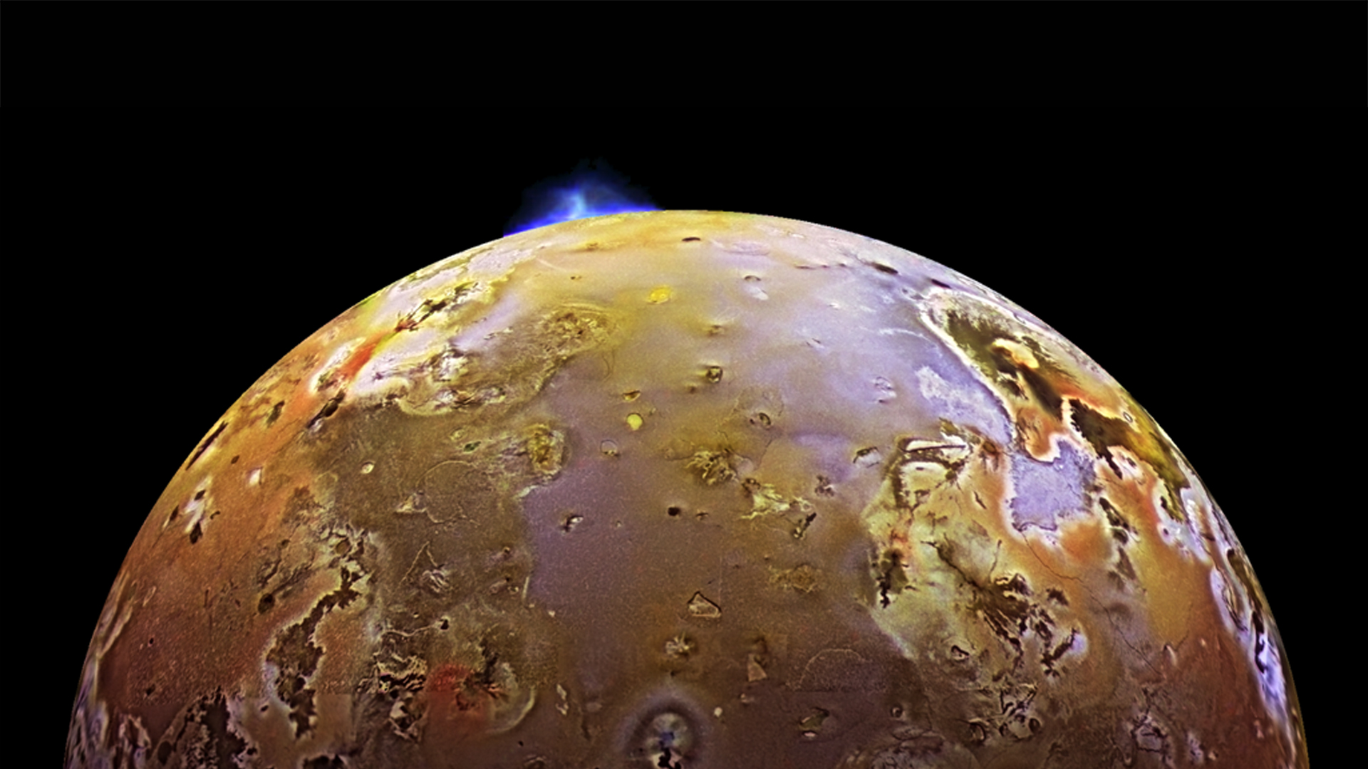 Image of a volcanic eruption on Jupiter's moon Io.