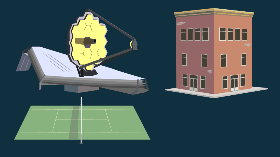 An illustration of the James Webb Space Telescope placed next to a 3-story building to show how tall the telescope is. The telescope is also shown sitting above a tennis court to show that the foil-like sunshade is as long as a tennis court.