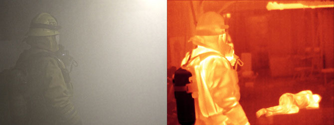 The same image side-by-side, with the left showing a smokey room and the right showing glowing people via infrared cameras.