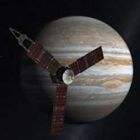 an artist's rendering of the Juno spacecraft in front of Jupiter