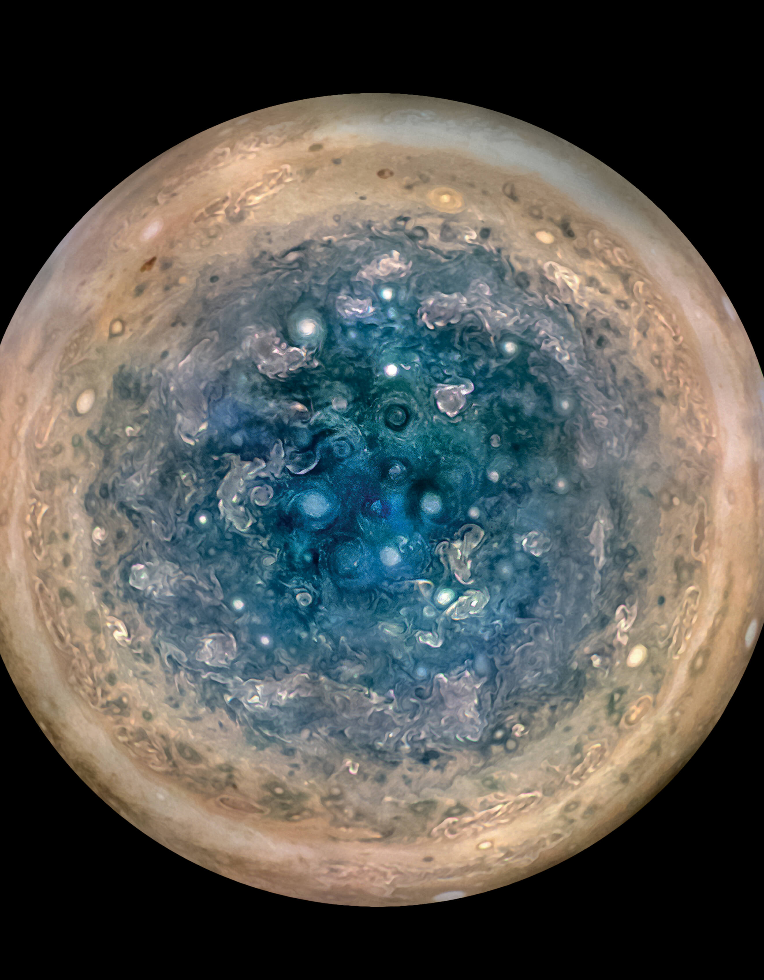 An image showing storms near Jupiter's south pole.