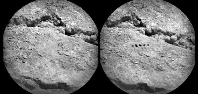 This is a picture of Martian soil before and after it was zapped by the Curiosity rover’s laser instrument called ChemCam.