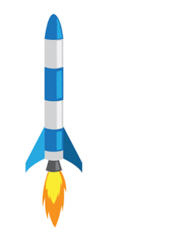 Animation of a rocket, with an up arrow with the word 'reaction' in it and a down arrow with the word 'action' in it.