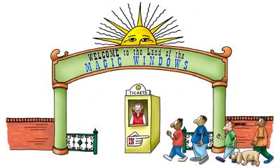Cartoon entrance to an amusement park. Three children and a dog enter through an arch that says 'Welcome to the Land of Magic Windows.' A ticket office is located to the right inside.