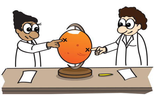 an illustration of cartoon scientists pointing to sites on a Mars globe