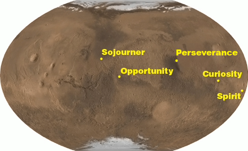 a map of Mars showing the landing sites of each rover