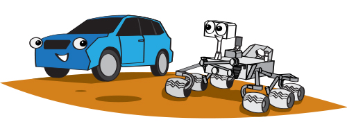 Una ilustración del rover Curiosity junto a un pequeño todoterreno