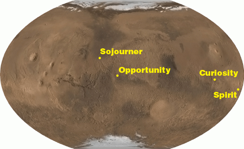 Un mapa de Marte mostrando los sitios de aterrizaje de cada rover