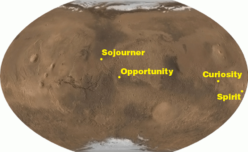 une carte de Mars montrant les sites d'atterrissage de chaque rover