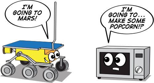 a cartoon illustration of the Sojourner rover next to a microwave oven