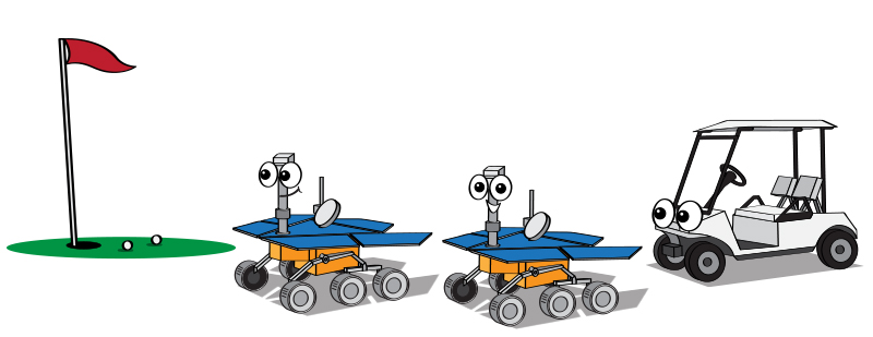 a cartoon illustration of the Spirit and Opportunity rovers next to a small a golf cart for scale