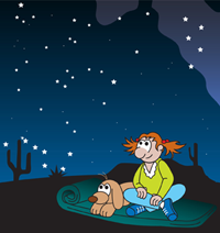 Cartoon girl and dog sit on sleeping bag in the desert looking at the night sky full of stars.