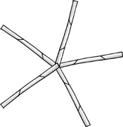 Cinco troncos abrochados en un extremo para formar una estrella de cinco puntas.