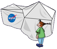 Caricatura de una niña al lado de un hábitat lunar lo suficientemente grande como para levantarse pulgadas.