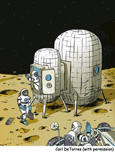 Cartoon of inflatable Moon habitat, with three astronauts.