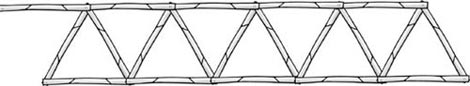 Cinco triángulos abrochados en sus bases, conectados arriba con cinco troncos más.