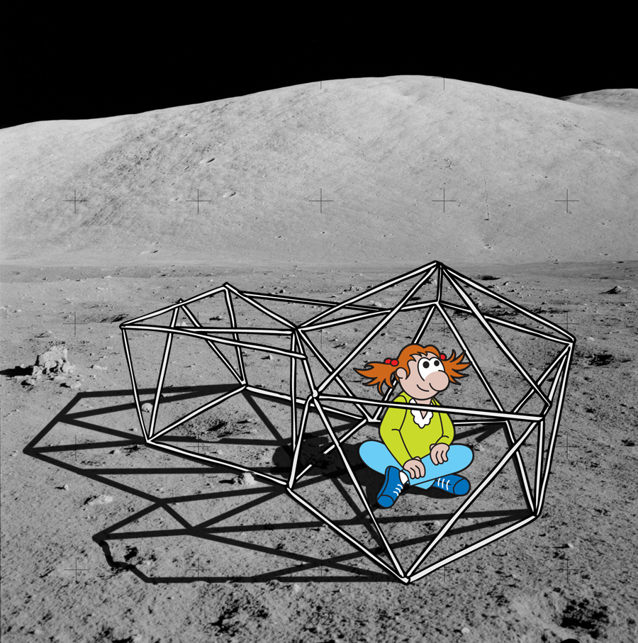 Caricatura de un hábitat de troncos de periódico sobre la superficie lunar, con una niña sentada en su interior.