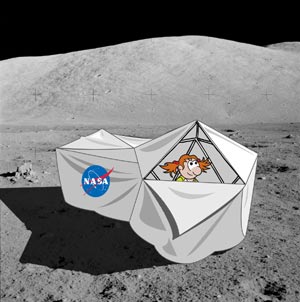 Caricatura del hábitat lunar fabricado con troncos de papel de periódico, cubierto con una sábana, mostrando a una niña en su interior.