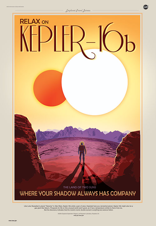 Un póster de viajes fictisios que dice que te relajes en Kepler-16b.