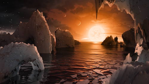 una ilustración de cómo podría verse en la superficie de TRAPPIST-1f
