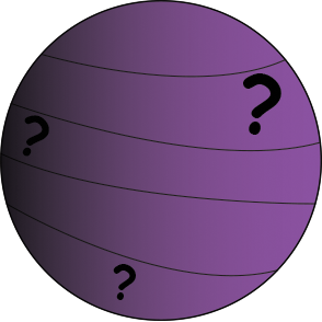 cartoon of a purple planet with question marks.