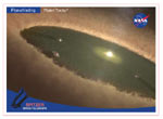 Small image of postcard with space art of a dusty disk around a star with possible planet tracks.