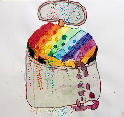User submitted drawing of a bucket of rainbow colored material.