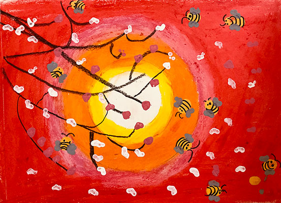 User submitted drawing of bees flying around some tree branches with blooming flowers.