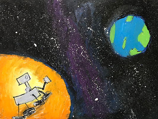User submitted drawing of a Mars rover on Mars and Earth in the distance.