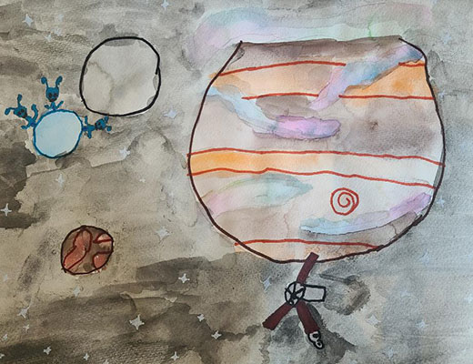 User submitted drawing of Jupiter with three of its moons, creatures on one of the moons and the Juno spacecraft.