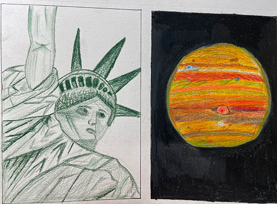 User submitted drawing of the Statue of Liberty on the left and Jupiter on the right.