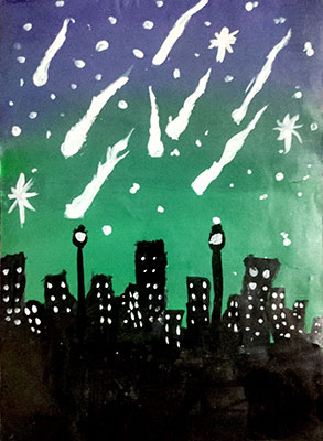 User submitted drawing of a meteor shower over a city at night.
