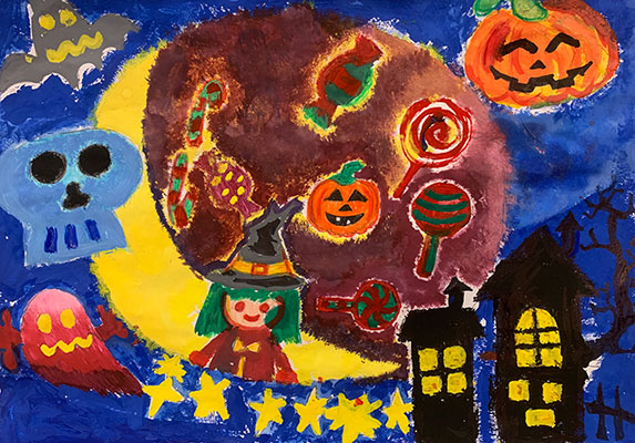 User submitted drawing of the Moon with a witch, candy and pumpkin in front of it.