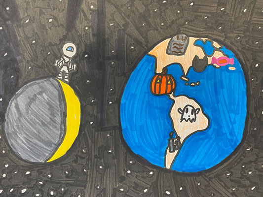 User submitted drawing of an astronaut on the Moon looking down at Earth which has a pumpkin, ghost, candy and tombstone on it.