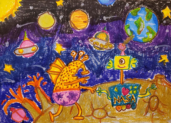 User submitted drawing of a creature next to a robot on another planet.