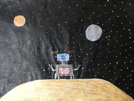 User submitted drawing of a NASA branded robot on another planet.