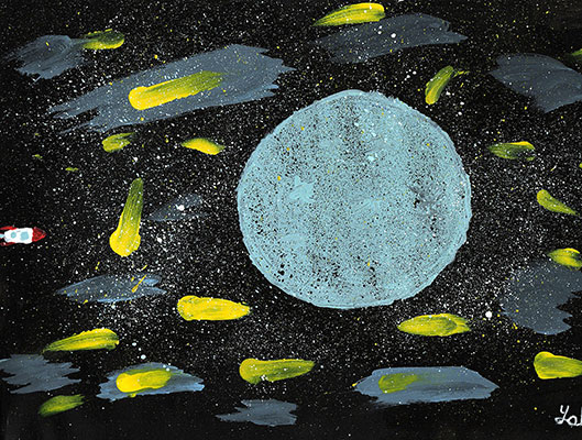 El usuario envió un dibujo de un planeta azul con rayas amarillas en el cielo que lo rodea.