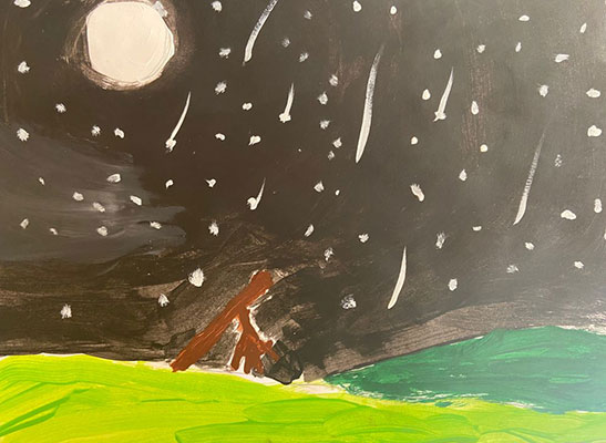 User submitted painting of a hilly landscape with meteors in the night sky.