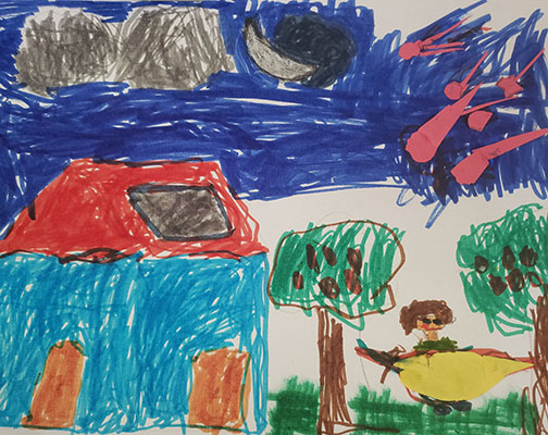 User submitted drawing of a house, trees and meteors in the sky.