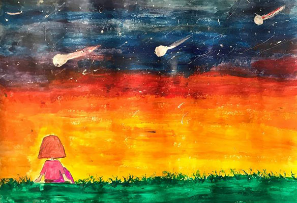 User submitted painting of a woman watching a sunset with meteors in the sky.