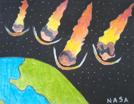 User submitted painting of Earth with several meteors falling toward it.
