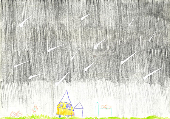 User submitted painting of a dark sky with meteors over a house.