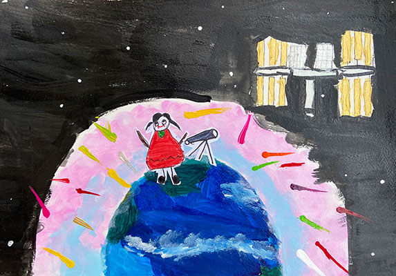 User submitted painting of a woman on Earth with a telescope looking into space at the ISS.